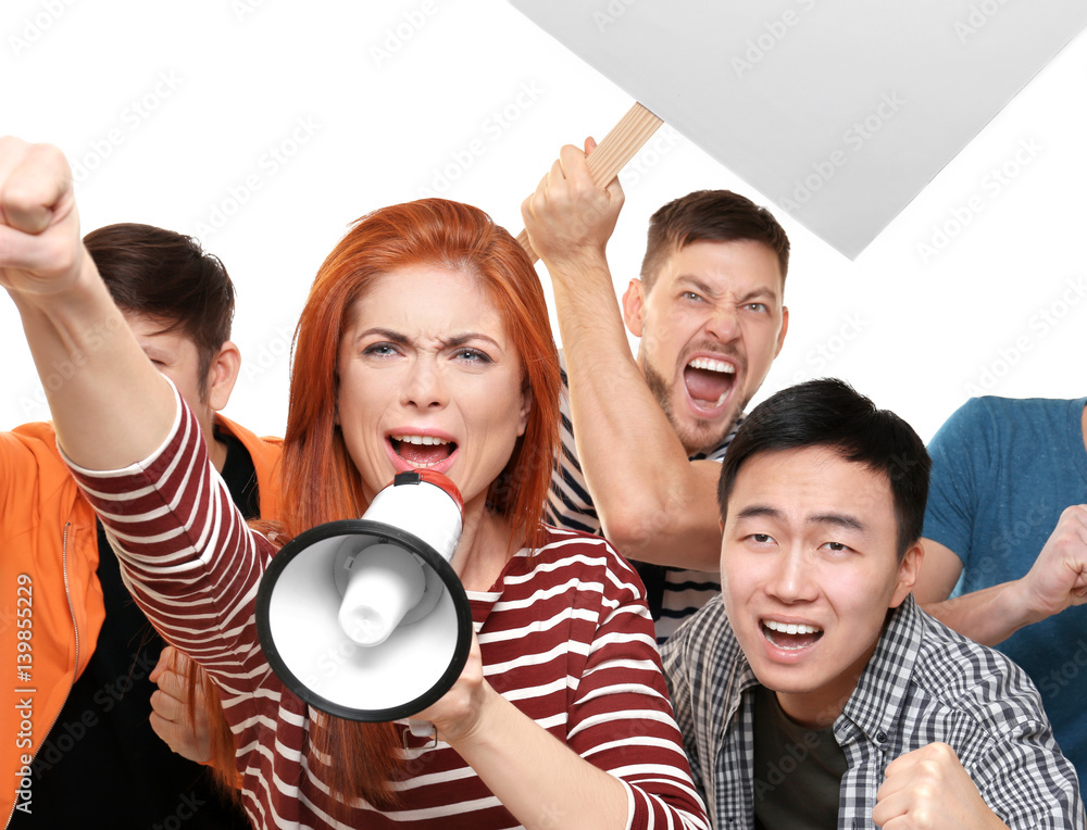 Group of protesting young people on white background