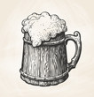 Hand-drawn vintage wooden mug with foam, sketch. Drink, beer, ale symbol. Vector illustration for design menu bar, pub or restaurant