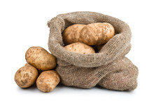 Raw Harvest Potatoes In Burlap Sack