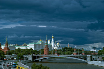 Picturesque tourist view of the Moscow Kremlin with the bridge over the Moscow river