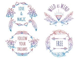 Wall Mural - Colorful bohemian banners with arrows flowers and feathers and lettering signs. Vector illustration