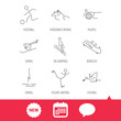 Pilates, football and skiing icons. Fishing, diving and figure skating linear signs. Ski jumping, horseback riding and bobsled icons. New tag, speech bubble and calendar web icons. Vector