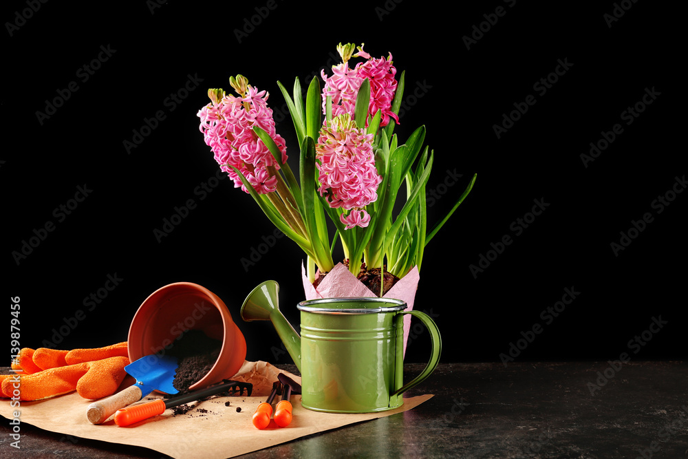 Beautiful flowers and gardener equipment on table