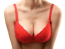 Young Woman In Red Bra On White Background