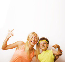 funny mother and son with bubble gum