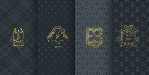 Collection of design elements,labels,icon,frames, for packaging,design of luxury products.Made with golden foil.Isolated on black background. vector illustration