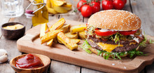 Burger, Hamburger With French Fries Cutting Board.