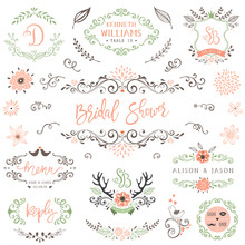 Hand Drawn Rustic Bridal Shower And Wedding Collection With Typographic Design Elements.