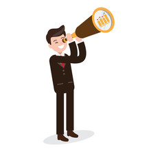 Businessman With Binocular , Telescope , Growing Graph. Man Looking For Opportunities. Business Design Concept. Vector Illustration.