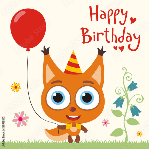 Happy birthday to you! Funny squirrel with red balloon. Birthday card