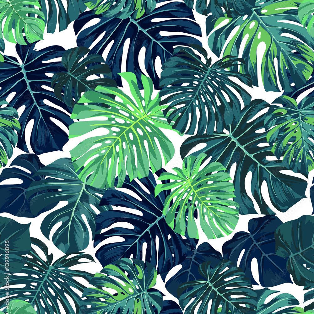 Green vector pattern with monstera palm leaves on dark background. Seamless summer tropical fabric design. - obrazy, fototapety, plakaty 