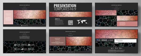 Wall Mural - Business templates in HD format for presentation slides. Vector design layouts. Chemistry pattern, molecular texture, polygonal molecule structure, cell. Medicine, science, microbiology concept.