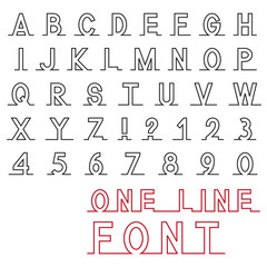  One line font, latin alphabet letters and numbers, black isolated on white background, vector illustration.