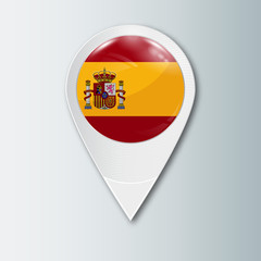 Sticker - Pointer with the national flag of Spain in the ball with reflection. Tag to indicate the location. Realistic vector illustration.