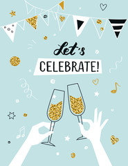 Party invitation background raised hands holding champagne glasses, vector illustration