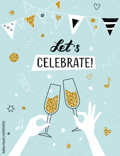 Cuadros en Lienzo Party invitation background raised hands holding champagne glasses, vector illus