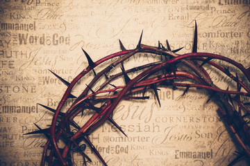 crown of thorns with jesus names and attributes in the background.
