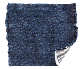piece of blue denim with a curved angle isolated on white background