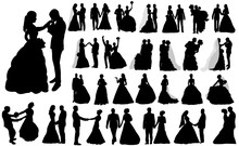 Vector, Isolated Large Set Of Silhouettes Of Wedding, The Bride And Groom