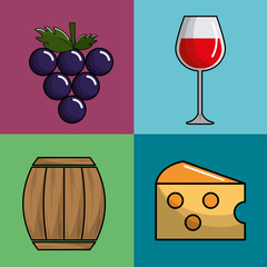 Wall Mural - glass wine, grape, barrel and cheese icon