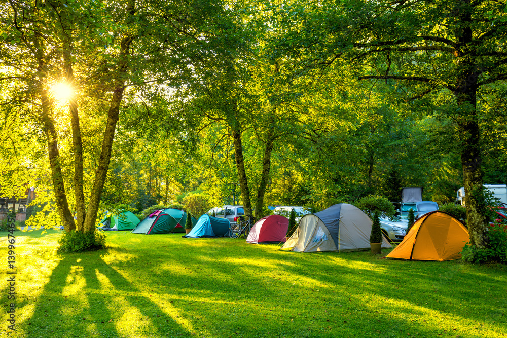 Tents Camping area, early morning with sunshine - obrazy, fototapety, plakaty 