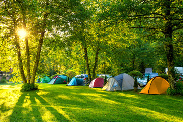 tents camping area, early morning with sunshine