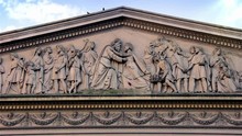 Neoclassical Pediment With Sculpture Of The Reunion Of Joseph With His Father And Brothers In Egypt By Joseph Dubourdieu At The Buenos Aires Metropolitan Cathedral, In Buenos Aires, Argentina.   