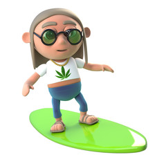 3d Funny cartoon hippie stoner character goes surfing on a surfboard