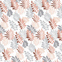 Abstract Tropical Leaves Seamless Pattern In Tender Pastel Color. Decorative Nature Surface Design. Vector Illustration For Print, Card, Poster, Decor, Header,