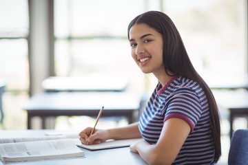 Portrait of happy schoolgirl studying in classroom