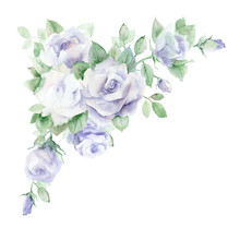 Watercolor Painting. Corner Floral Arrangement With Lilac Pastel Roses On A White Background.