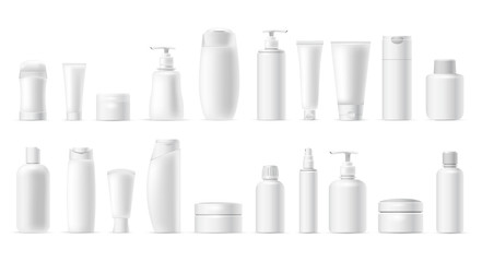 set vector blank templates of empty and clean white plastic containers: bottles with spray, dispense
