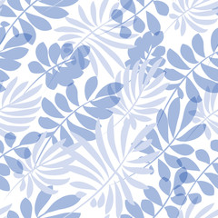 Wall Mural - Tender pale blue and green tropical leaves seamless pattern. Decorative summer nature surface design. vector illustration for fabric, print, wrapping paper