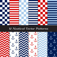 Wall Mural - Nautical Navy, Blue, Red and White Checks, Stripes, Chevron and Anchors Seamless Patterns. Patriotic Color backgrounds. Vector Pattern Tile Swatches Included.
