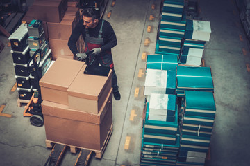 Storekeeper working with pallet truck in a warehouse