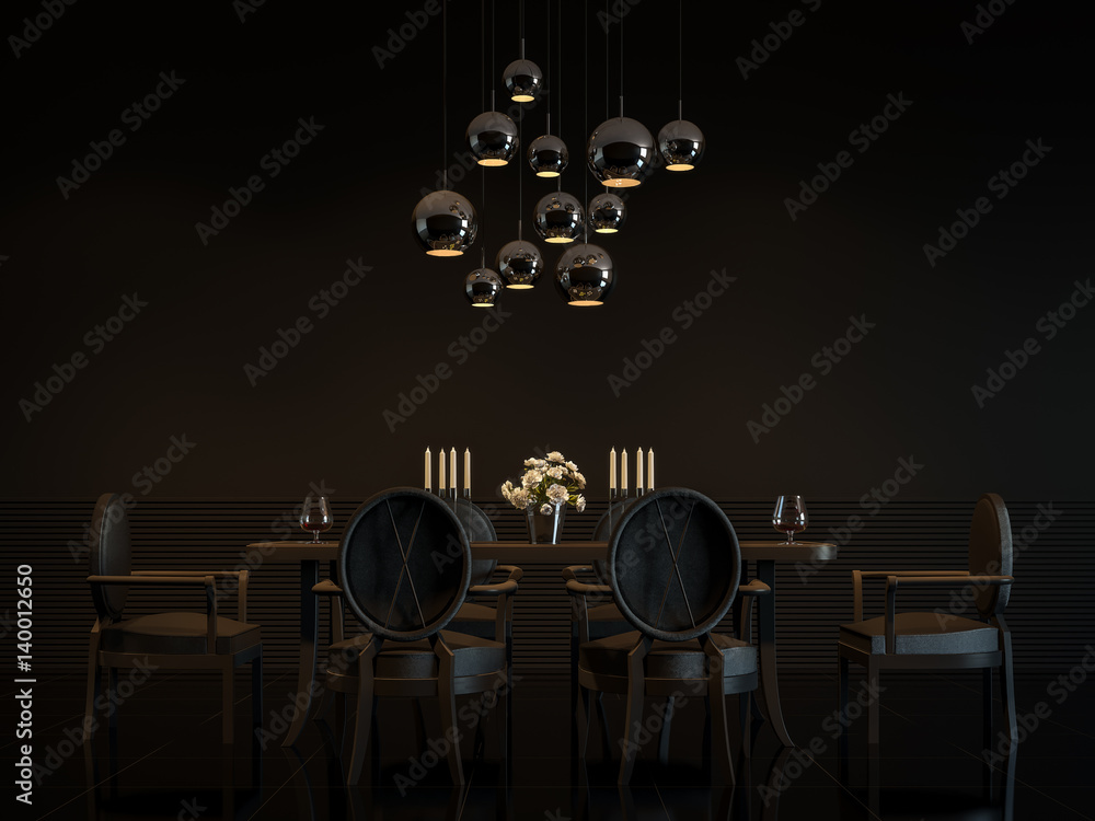 Modern luxury black dining room interior 3D rendering Image.There are ...