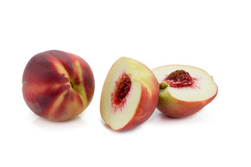 Peaches. Ripe fresh peaches with half and slice isolated on white background.