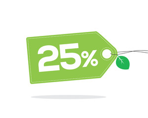 Sticker - Green price tag label with 25% text and stitches on it and with a leaf and shadow isolated on white background. For spring and summer sale campaigns.