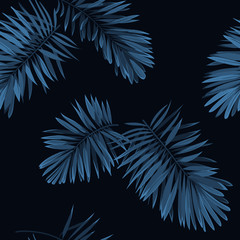 Wall Mural - Seamless vector indigo blue pattern with monstera palm leaves on dark background. Summer tropical fabric design.