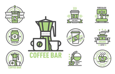 Wall Mural - Coffee badge logo food design thin line lettering for restaurant, cafe menu coffee house and shop element beverage label sticker vector illustration.