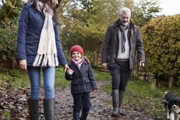 Wall Mural - Multi Generation Family Take Dog For Walk In Fall Landscape