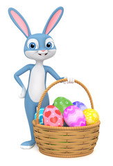 Wall Mural - Happy Easter bunny isolated on white background basket with eggs indicates paw. 3d render illustration.