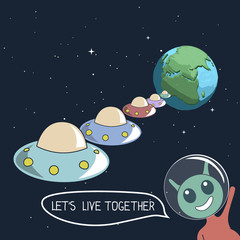 Wall Mural - happy cute alien offers us live together