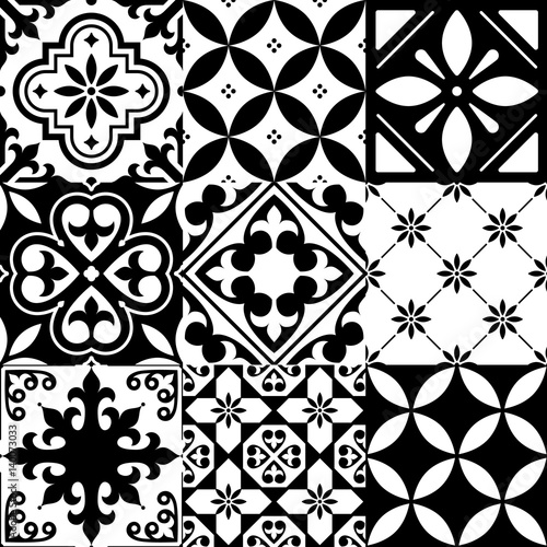 Obraz w ramie Spanish tiles, Moroccan tiles design, seamless black pattern