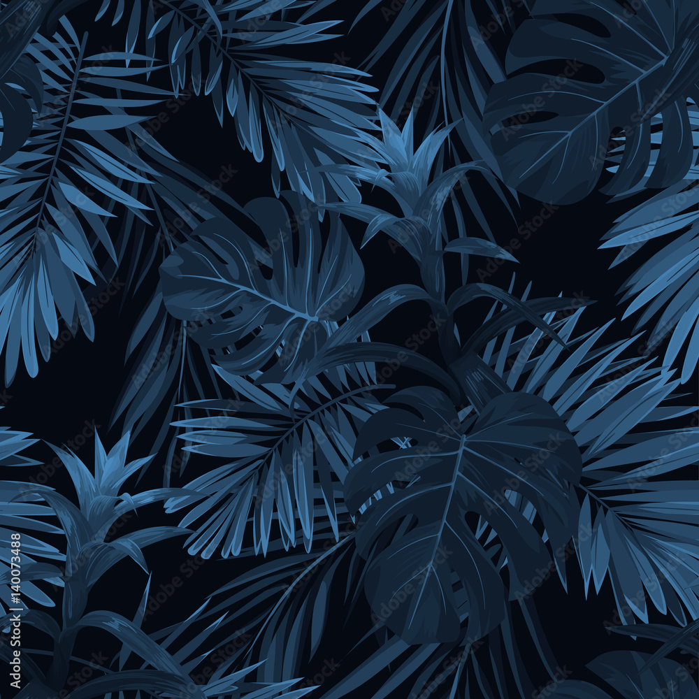 Exotic tropical vrctor background with hawaiian plants and flowers. Seamless indigo tropical pattern with monstera and sabal palm leaves, guzmania flowers. - obrazy, fototapety, plakaty 