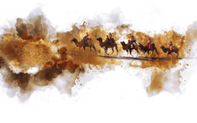 Camels And People Walking On The Silk Road And Sand Dune Of Desert,  Digital Watercolor Illustration