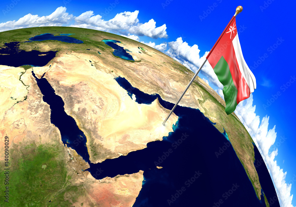 Oman national flag marking the country location on world map. 3D ...
