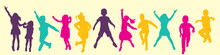Vector, Isolated, Silhouette Children Jumping, Multicolored Silhouettes, Childhood