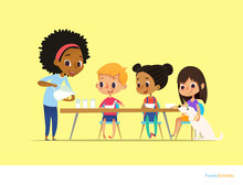 Smiling Multiracial Children Sit At Table And Have Breakfast While Mother Pour Milk Into Gasses. Kids Eating Healthy Morning Meal. Daily Family Activity Concept. Vector Illustration For Flyer, Poster.