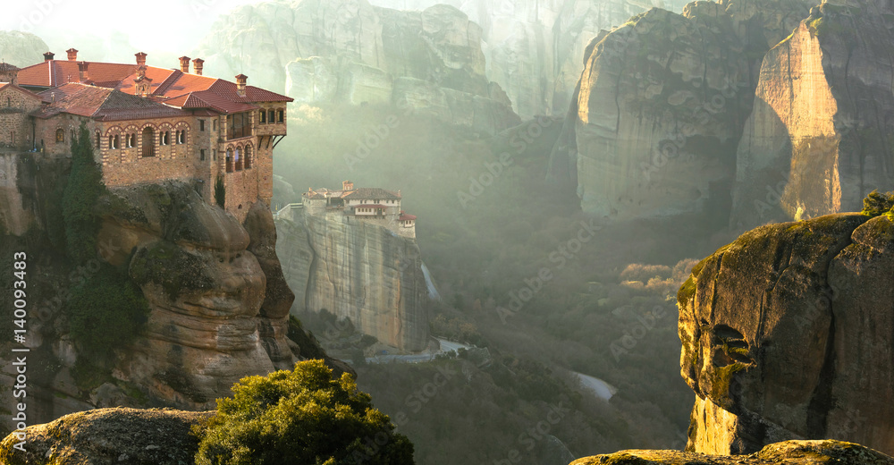 Serene morning in impressive Meteora monasteries. Central Greece - obrazy, fototapety, plakaty 